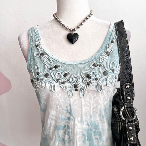 Vintage Blue Embroidered Tank Top Mermaid Fairycore Y2K Boho Festival Small - Picture 2 of 7